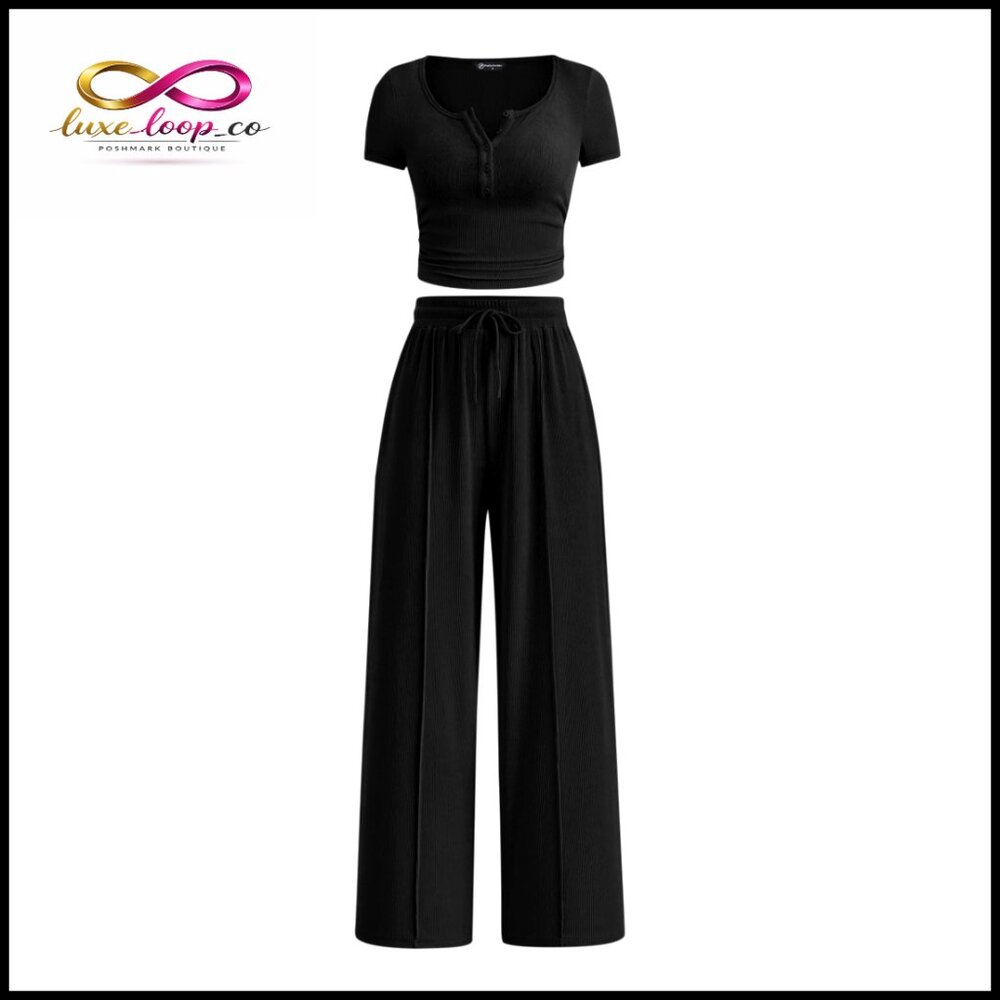 Ribbed Knit Lounge‎ Set with Half-Button Top and Wide Leg Pants